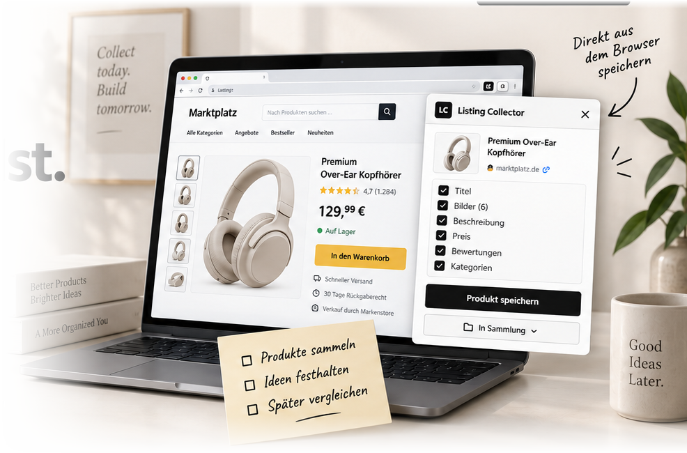 Inserator Extension neben einer Produktseite im Browser